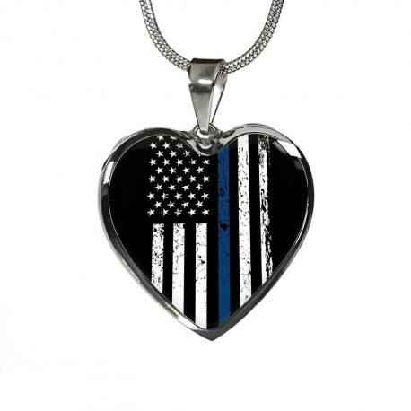 Thin Blue Line Stainless Heart Pendant with Snake Chain