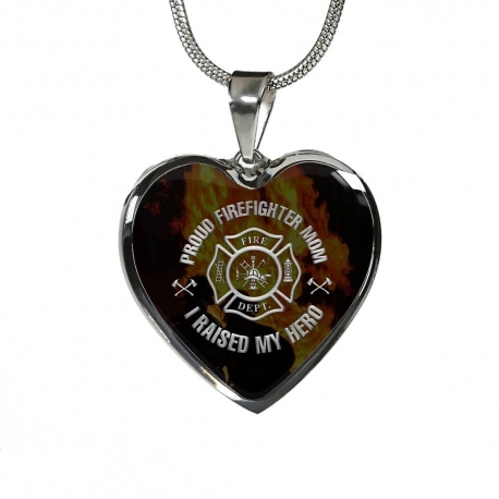 Proud Firefighter Mom Stainless Heart Pendant with Snake Chain