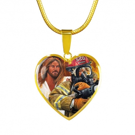Jesus Hand on Firefighter Shoulder Gold Heart Pendant with Snake Chain
