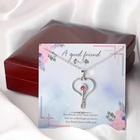 A Good Friend Knows All Your Best Stories Stethoscope Necklace Embellished with Red Crystal