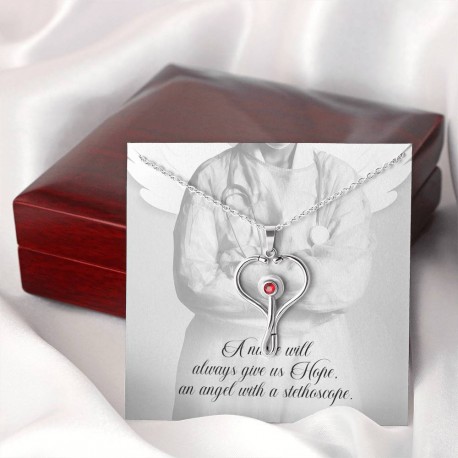 A Nurse Will Always Give Us Hope Stethoscope Necklace Embellished with Red Crystal