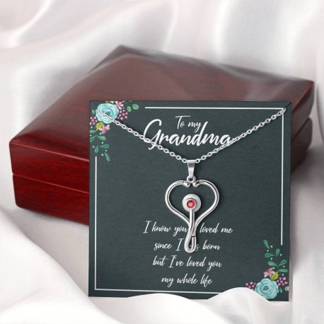 To My Grandma I Love You Stethoscope Necklace Embellished with Red Crystal