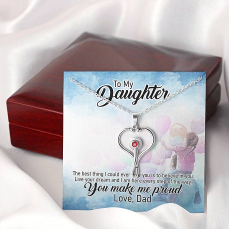 To My Daughter, Love Dad Stethoscope Necklace Embellished with Red Crystal