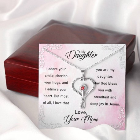 To My Daughter, I Adore Your Smile Stethoscope Necklace Embellished with Red Crystal