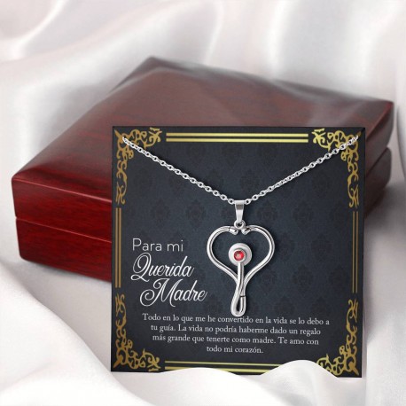 Querida Madre Stethoscope Necklace Embellished with Red Crystal