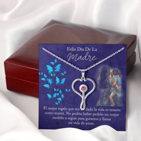 Feliz Dia De La Madre Stethoscope Necklace Embellished with Red Crystal