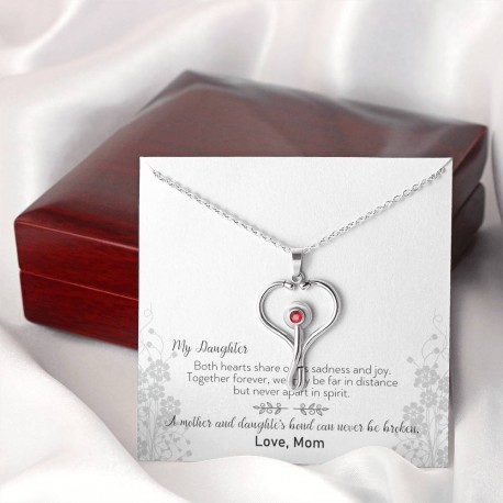 A Mother And Daughters Love Can Never Be Broke  Stethoscope Necklace Embellished with Red Crystal