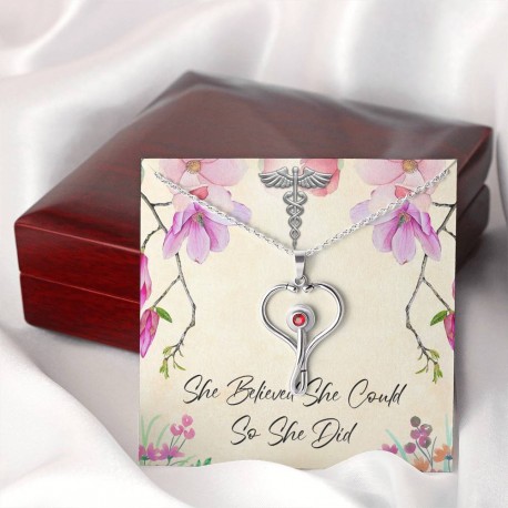 She Believed She Could So She Did Stethoscope Necklace Embellished with Red Crystal