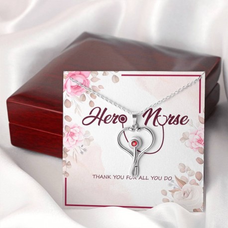 Hero Nurse, Thank You For All You Do Stethoscope Necklace Embellished with Red Crystal
