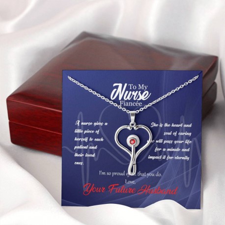 To My Nurse, Fiancee Stethoscope Necklace Embellished with Red Crystal