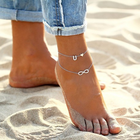 Boho Double Layers Initials Letter Anklets for Women Mom✵Silver Color Charm✵ Love Heart Anklet Bracelet✵ Foot Jewelry Accesso