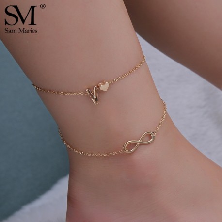 Double Layers Initial Letter Anklet ✵ Heart Infinity Charm Chain Ankle Bracelet ✵ Gold Silver Color Foot Jewelry for Mom Women