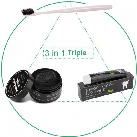 Natural Bamboo Toothbrush, Activated Charcoal Teeth Whitening Powder and Toothpaste