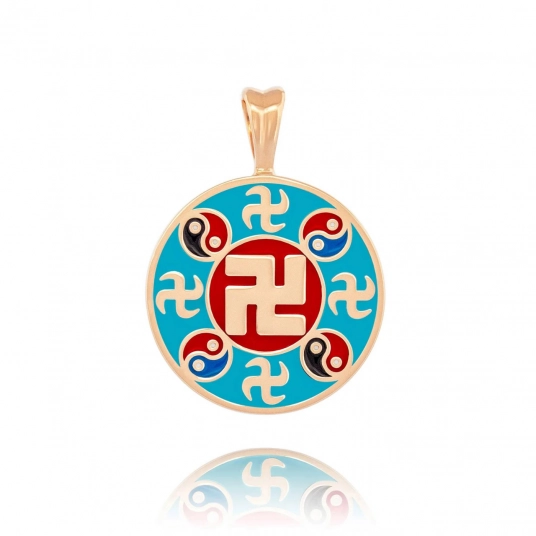 Falun Enamel Teal Pendant - 18kt Yellow Gold 20mm