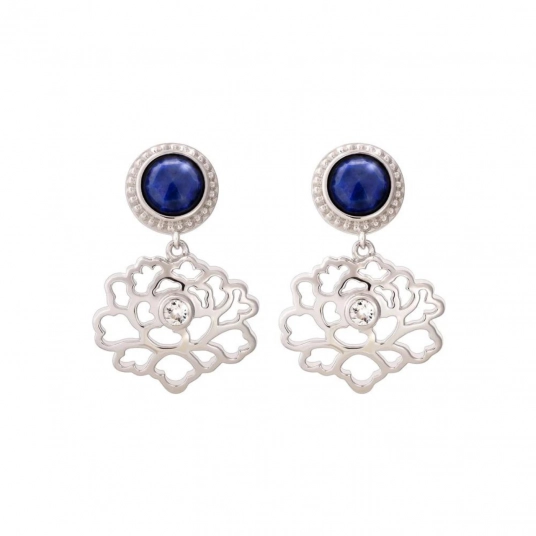 Majestic Tang Peony Earrings - Silver with Lapis