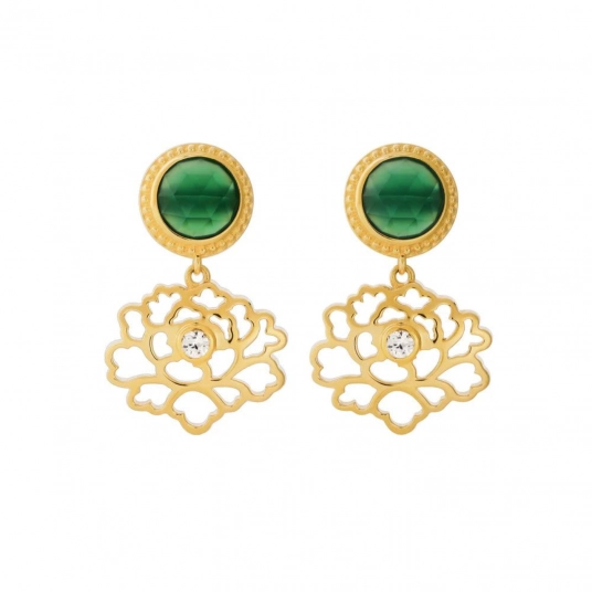Majestic Tang Peony Earrings - Gold Vermeil with Green Agate