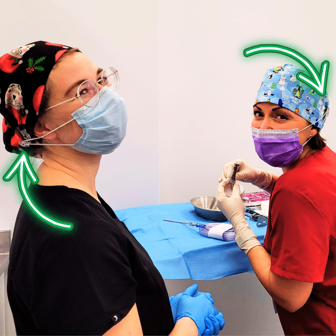 Mask clip buttons on scrub caps