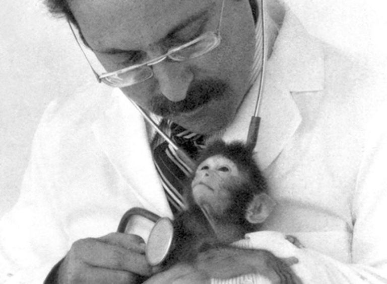 Dr Wallach & rhesus monkey