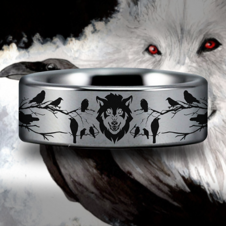 Wolf and Raven Tungsten Carbide Wedding Band Ring