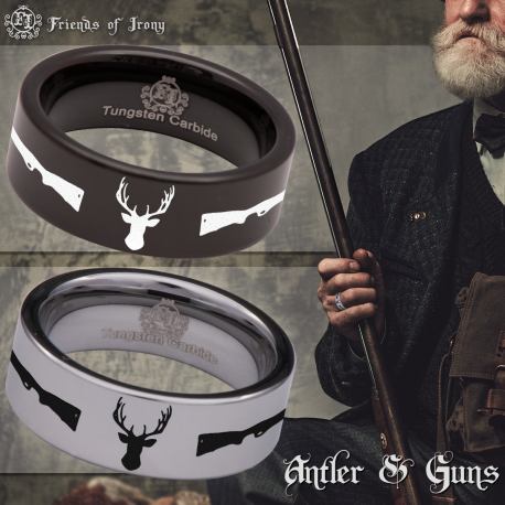 Deer Buck Antler and Rifle Hunting Tungsten Carbide Wedding Band Ring