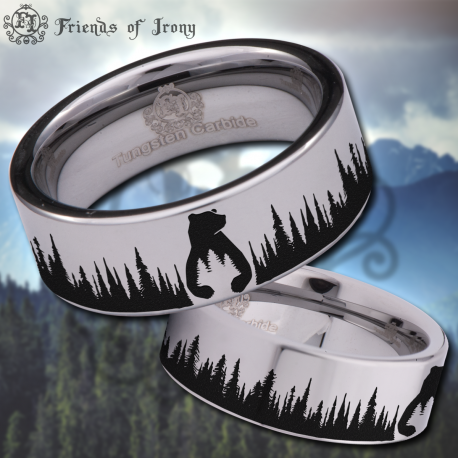 Bear Ursine and Pine Tree Tungsten Carbide Wedding Band Ring