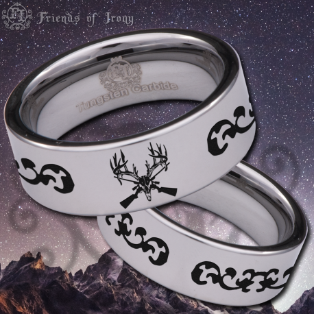 Deer Buck and Gun Rifle Custom Personalize Laser Engrave Tungsten Wedding Band Ring