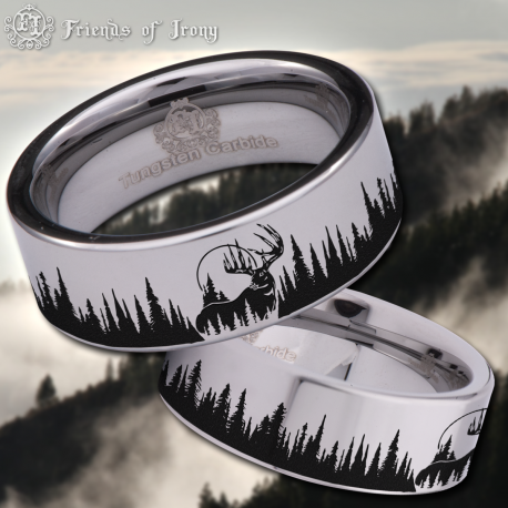 Deer Buck and Trees Custom Personalize Laser Engrave Tungsten Wedding Band Ring