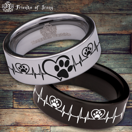 Dog Paw Heart Lifeline Custom Personalize Laser Engrave Tungsten Wedding Band Ring
