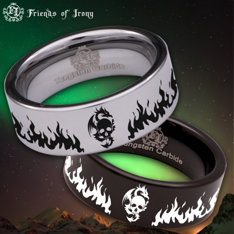 Dragon Skull with Flames Custom Personalize Laser Engrave Tungsten Wedding Band Ring