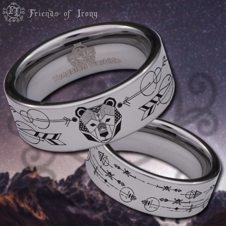 Geometric Bear Custom Personalize Laser Engrave Tungsten Wedding Band Ring
