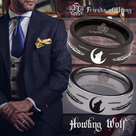 Howling Wolf Moon Custom Personalize Laser Engrave Tungsten Wedding Band Ring
