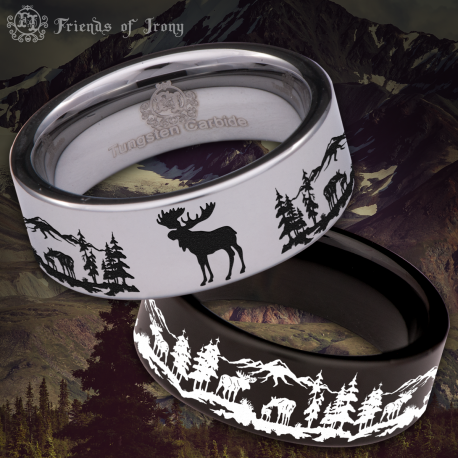 Moose Scenery Custom Personalize Laser Engrave Tungsten Wedding Band Ring