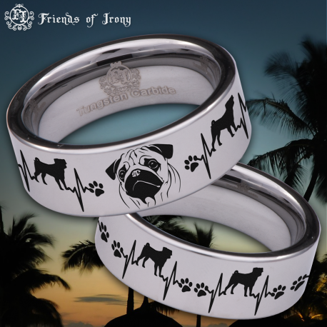 Pug Dog Heart Beat Lifeline Custom Personalize Laser Engrave Tungsten Wedding Band Ring