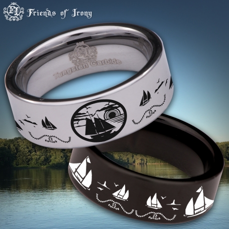 Sailboat Sailor Custom Personalize Laser Engrave Tungsten Wedding Band Ring