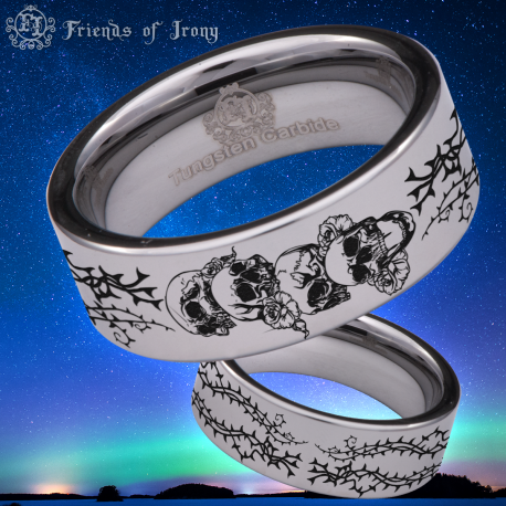 Skull and Roses Gothic Custom Personalize Laser Engrave Tungsten Wedding Band Ring