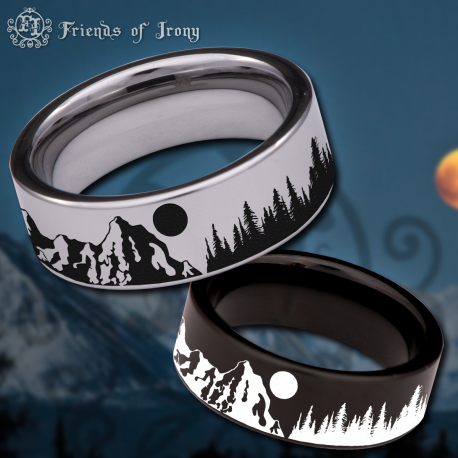 Tree and Mountains Scenery Custom Personalize Laser Engrave Tungsten Wedding Band Ring