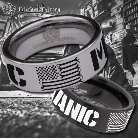 US Wrench Flag Mechanic Gearhead Custom Personalize Laser Engrave Tungsten Wedding Band Ring