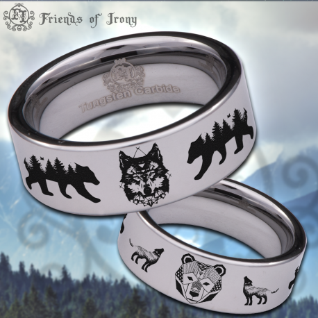 Wolf and Bear Custom Personalize Laser Engrave Tungsten Wedding Band Ring