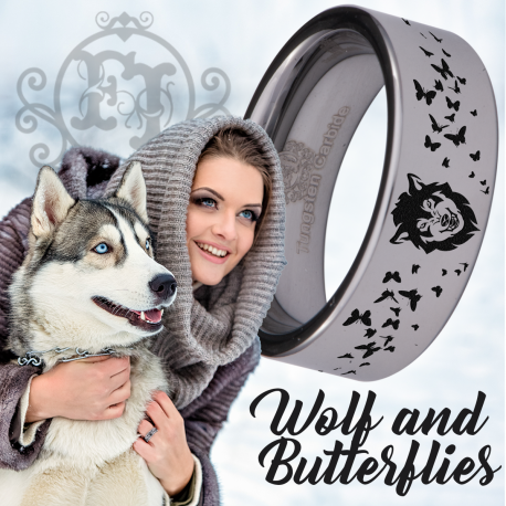 Wolf and Butterfly Custom Personalize Laser Engrave Tungsten Wedding Band Ring