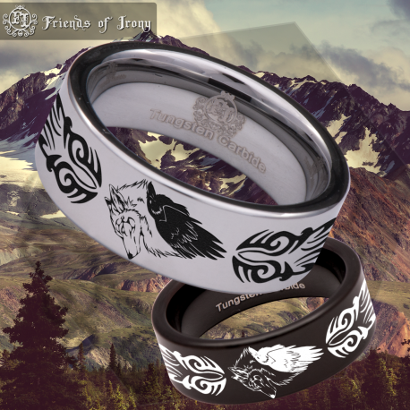 Wolf and Raven Tribal Custom Personalize Laser Engrave Tungsten Wedding Band Ring