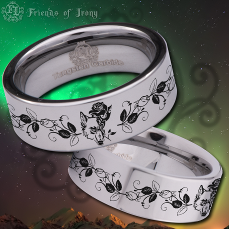 Wolf and Rose Custom Personalize Laser Engrave Tungsten Wedding Band Ring