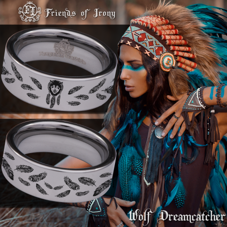 Wolf and Dreamcatcher Custom Personalize Laser Engrave Tungsten Wedding Band Ring