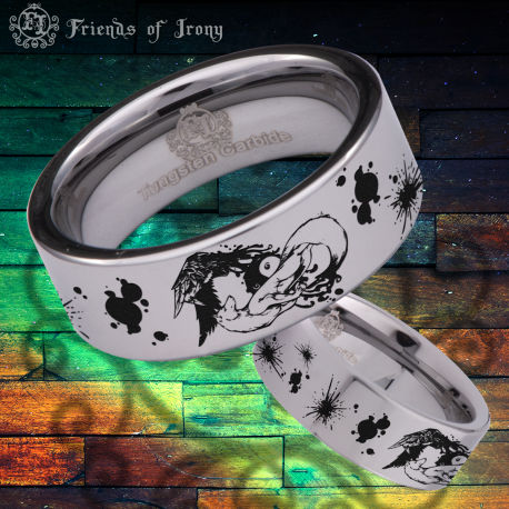 Yin Yang Wolf and Raven Custom Personalize Laser Engrave Tungsten Wedding Band Ring