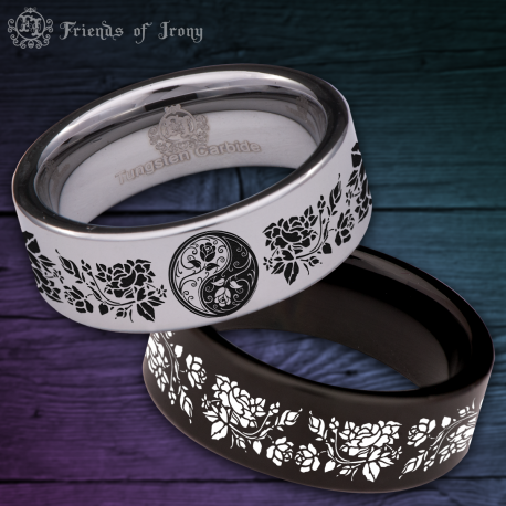 Yin Yang Rose Custom Personalize Laser Engrave Tungsten Wedding Band Ring