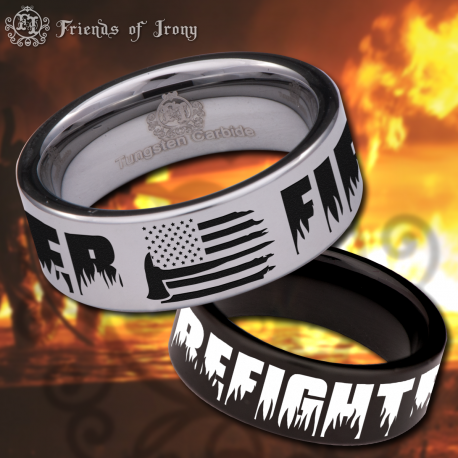 Firefighter Axe American Flag Custom Personalize Laser Engrave Tungsten Wedding Band Ring