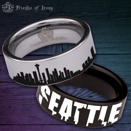 Seattle Skyline Custom Personalize Laser Engrave Tungsten Wedding Band Ring