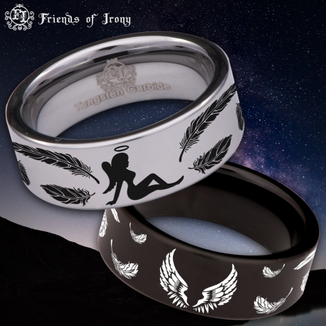 Angel Feathers Custom Personalize Laser Engrave Tungsten Wedding Band Ring
