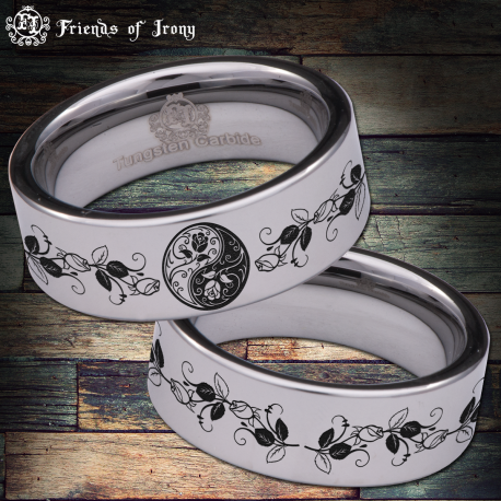 Floral Yin Yang Custom Personalize Laser Engrave Tungsten Wedding Band Ring