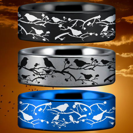 Birds and Branches Custom Personalize Laser Engrave Tungsten Wedding Band Ring