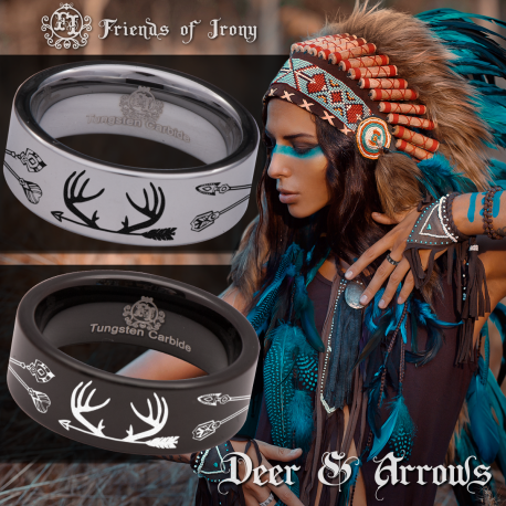 Deer and Arrows Custom Personalize Laser Engrave Tungsten Wedding Band Ring